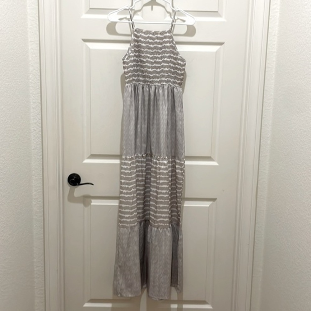 Boho Taupe & White Stripes Smocked Tiered Maxi Dress